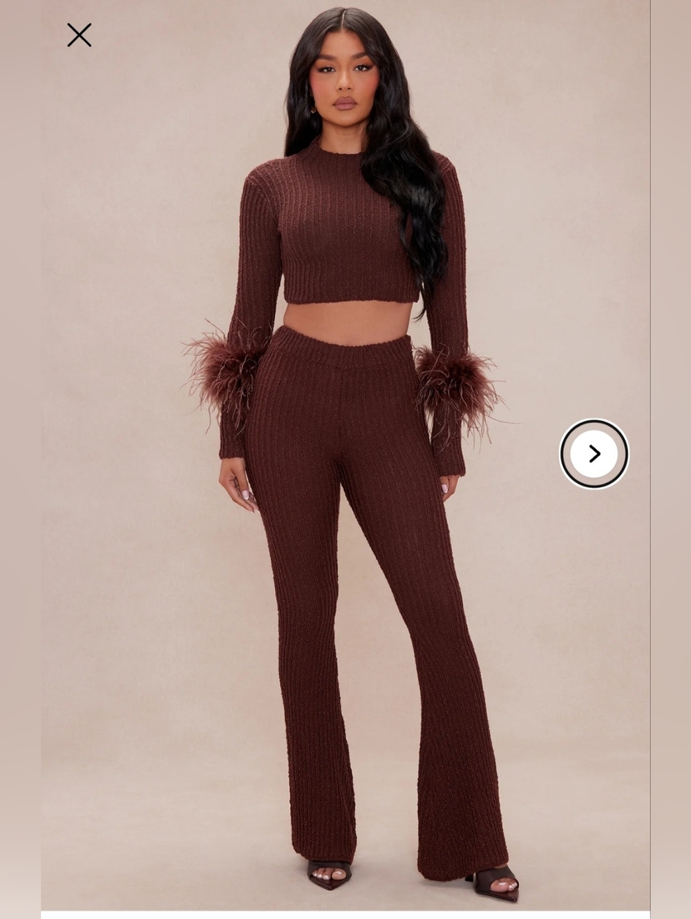 Fashion Nova LUXE Feather Cuff Ribbed Knit Crop Top & Flared Pants Set - Brown